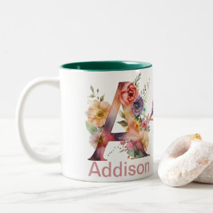 Custom Name Letter A Monogram   Floral Bird Design Two-Tone Coffee Mug