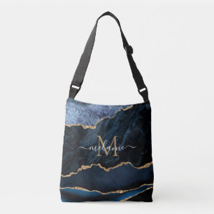Custom Name Letter Agate Navy Blue Gold Marble Crossbody Bag