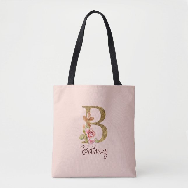 Custom Name Letter B Gold Foil Blush Pink Roses Tote Bag (Front)