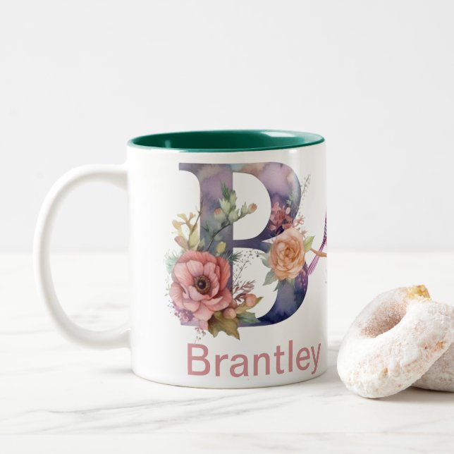 Custom Name Letter B Monogram Floral Bird Designed Two-Tone Coffee Mug (With Donut)