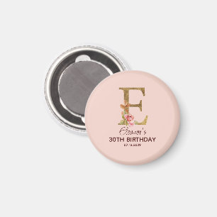 Custom Name Letter E Gold Blush Pink Roses Magnet