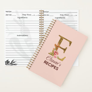 Custom Name Letter E Gold Blush Pink Roses Recipe Notebook