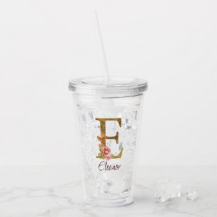 Custom Name Letter E Gold Foil Blush Pink Roses Acrylic Tumbler