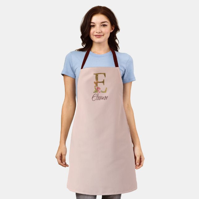 Custom Name Letter E Gold Foil Blush Pink Roses Apron (Worn)