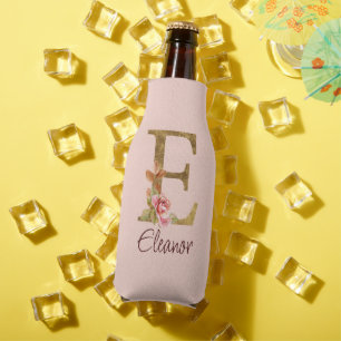 Custom Name Letter E Gold Foil Blush Pink Roses Bottle Cooler