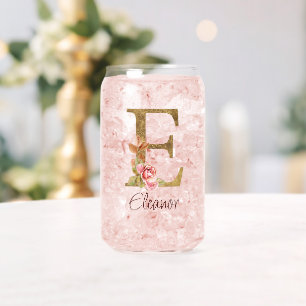 Custom Name Letter E Gold Foil Blush Pink Roses Can Glass