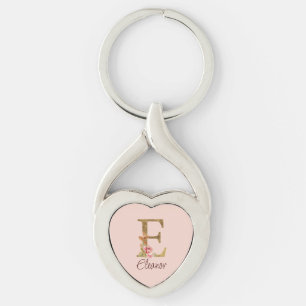 Custom Name Letter E Gold Foil Blush Pink Roses Keychain