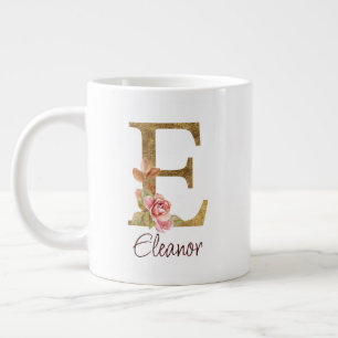 Custom Name Letter E Gold Foil Blush Pink Roses Large Coffee Mug