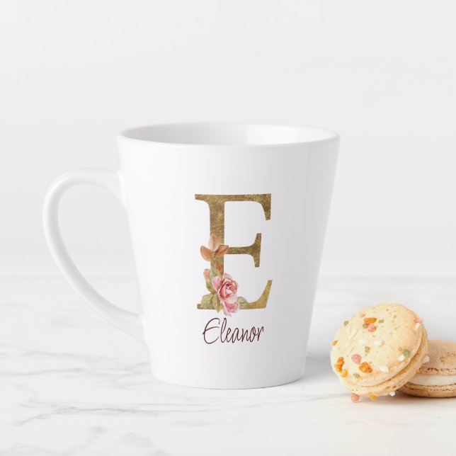Custom Name Letter E Gold Foil Blush Pink Roses Latte Mug (In Situ)