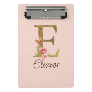 Custom Name Letter E Gold Foil Blush Pink Roses Mini Clipboard