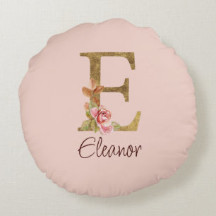 Custom Name Letter E Gold Foil Blush Pink Roses Round Pillow