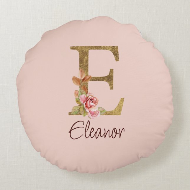Custom Name Letter E Gold Foil Blush Pink Roses Round Pillow (Back)