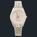 Custom Name Letter E Gold Foil Blush Pink Roses Watch<br><div class="desc">Custom Name Gold Foil Blush Pink Roses Letter E design features a charming floral monogram with radiant gold accents—perfect for soft feminine flair, romantic occasions, and personal name touches. Click 'Personalize' to add your name or someone special’s.</div>