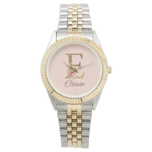 Custom Name Letter E Gold Foil Blush Pink Roses Watch (Front)