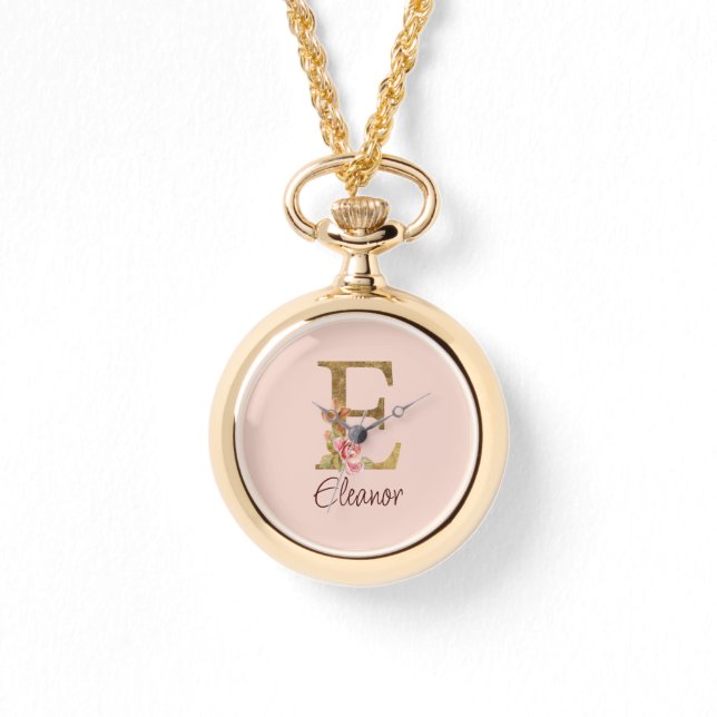 Custom Name Letter E Gold Foil Blush Pink Roses Watch (Front)
