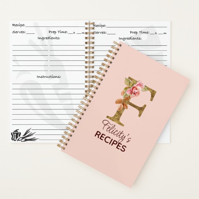 Custom Name Letter F Gold Blush Pink Roses Recipe Notebook (Inside)