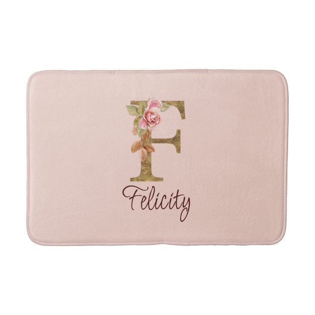 Custom Name Letter F Gold Foil Blush Pink Roses Bath Mat (Front)