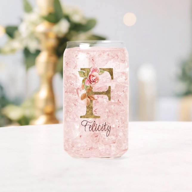 Custom Name Letter F Gold Foil Blush Pink Roses Can Glass (Insitu (Wedding))