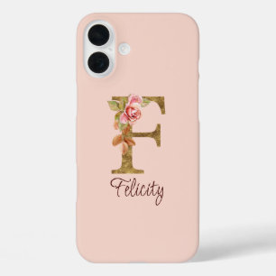 Custom Name Letter F Gold Foil Blush Pink Roses iPhone 16 Plus Case