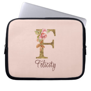 Custom Name Letter F Gold Foil Blush Pink Roses Laptop Sleeve