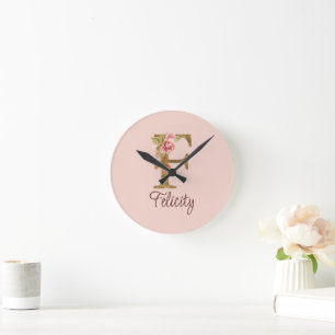 Custom Name Letter F Gold Foil Blush Pink Roses Round Clock