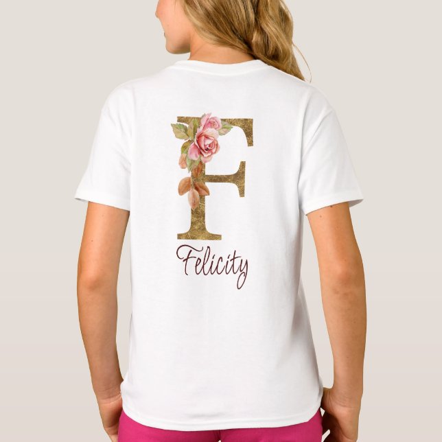 Custom Name Letter F Gold Foil Blush Pink Roses T-Shirt (Back)