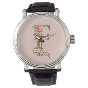 Custom Name Letter F Gold Foil Blush Pink Roses Watch