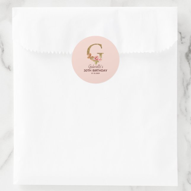 Custom Name Letter G Gold Blush Pink Roses Classic Round Sticker (Bag)