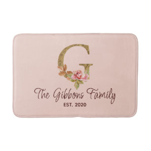 Custom Name Letter G Gold Foil Blush Pink Roses Bath Mat