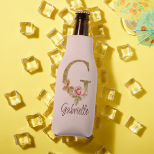 Custom Name Letter G Gold Foil Blush Pink Roses Bottle Cooler