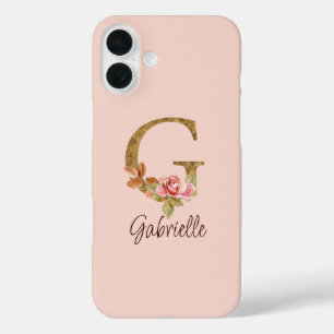 Custom Name Letter G Gold Foil Blush Pink Roses iPhone 16 Plus Case