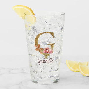 Custom Name Letter G Gold Foil Blush Pink Roses Glass