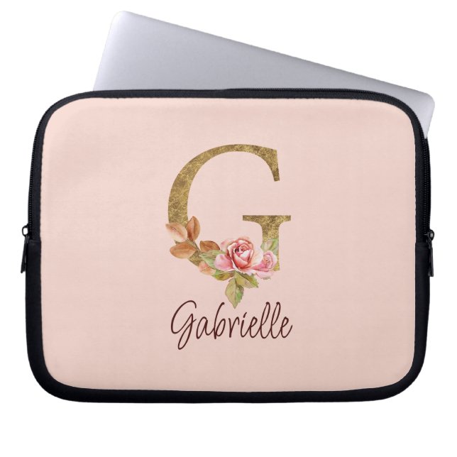 Custom Name Letter G Gold Foil Blush Pink Roses Laptop Sleeve (Front)