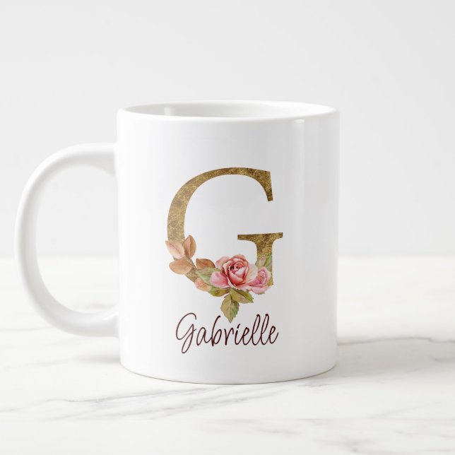 Custom Name Letter G Gold Foil Blush Pink Roses Large Coffee Mug (Left)