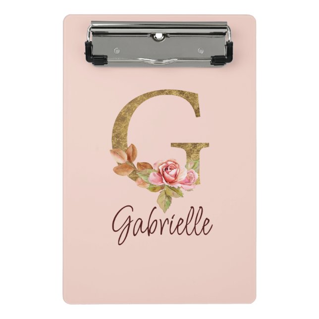 Custom Name Letter G Gold Foil Blush Pink Roses Mini Clipboard (Front)