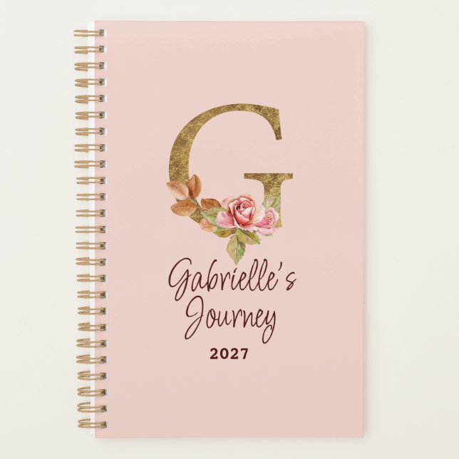 Custom Name Letter G Gold Foil Blush Pink Roses Planner (Front)