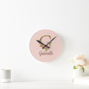 Custom Name Letter G Gold Foil Blush Pink Roses Round Clock