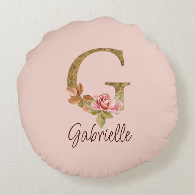 Custom Name Letter G Gold Foil Blush Pink Roses Round Pillow (Back)