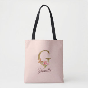 Custom Name Letter G Gold Foil Blush Pink Roses Tote Bag