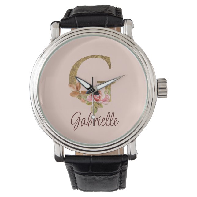 Custom Name Letter G Gold Foil Blush Pink Roses Watch (Front)