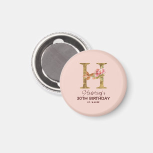Custom Name Letter H Gold Blush Pink Roses Magnet