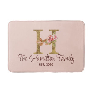 Custom Name Letter H Gold Foil Blush Pink Roses Bath Mat