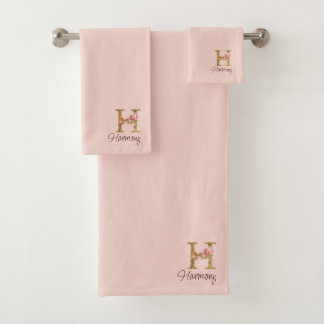 Custom Name Letter H Gold Foil Blush Pink Roses Bath Towel Set