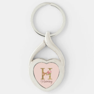 Custom Name Letter H Gold Foil Blush Pink Roses Keychain