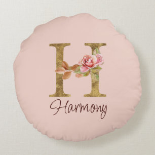 Custom Name Letter H Gold Foil Blush Pink Roses Round Pillow