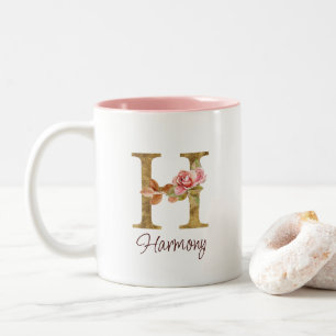 Custom Name Letter H Gold Foil Blush Pink Roses Two-Tone Coffee Mug