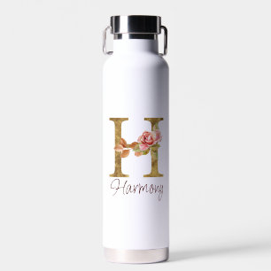 Custom Name Letter H Gold Foil Blush Pink Roses Water Bottle