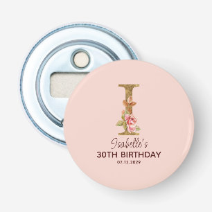 Custom Name Letter I Gold Blush Pink Roses Bottle Opener
