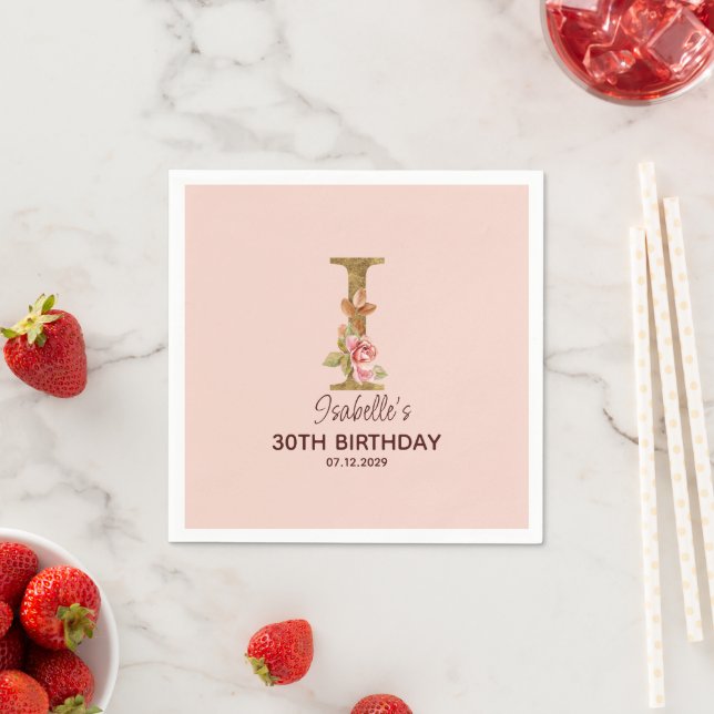 Custom Name Letter I Gold Blush Pink Roses Napkin (Insitu)
