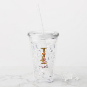 Custom Name Letter I Gold Foil Blush Pink Roses Acrylic Tumbler